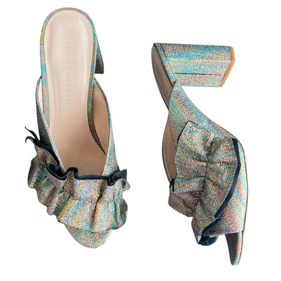 Loeffler Randall Esme Rainbow Ruffle Slide Open Toe Metallic Block Heel Sandals - Picture 2 of 12